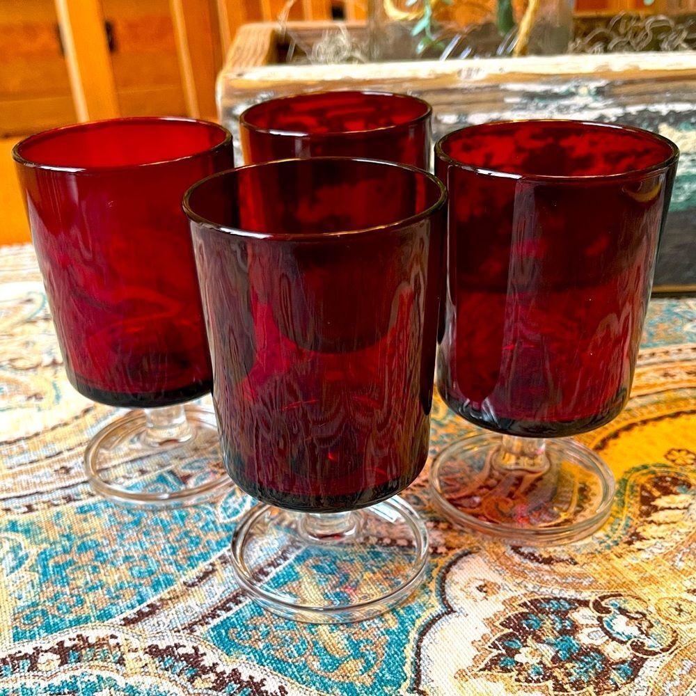 Ruby Red Glass Cordial Tumblers Set of 4 Clear Heavy Bases